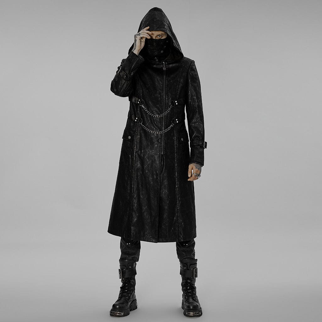 PUNK RAVE Men's Gothic Asymmetric Zipper Long Coat with Hood