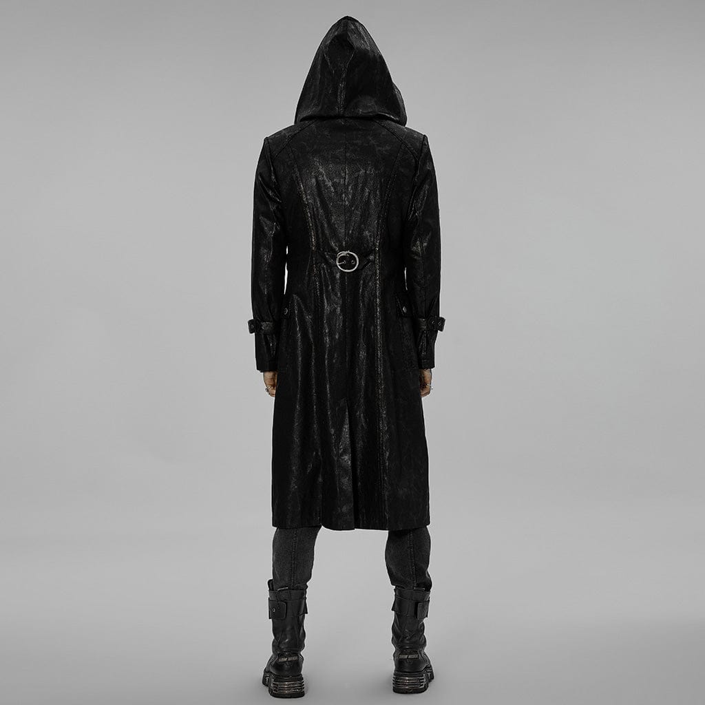PUNK RAVE Men's Gothic Asymmetric Zipper Long Coat with Hood