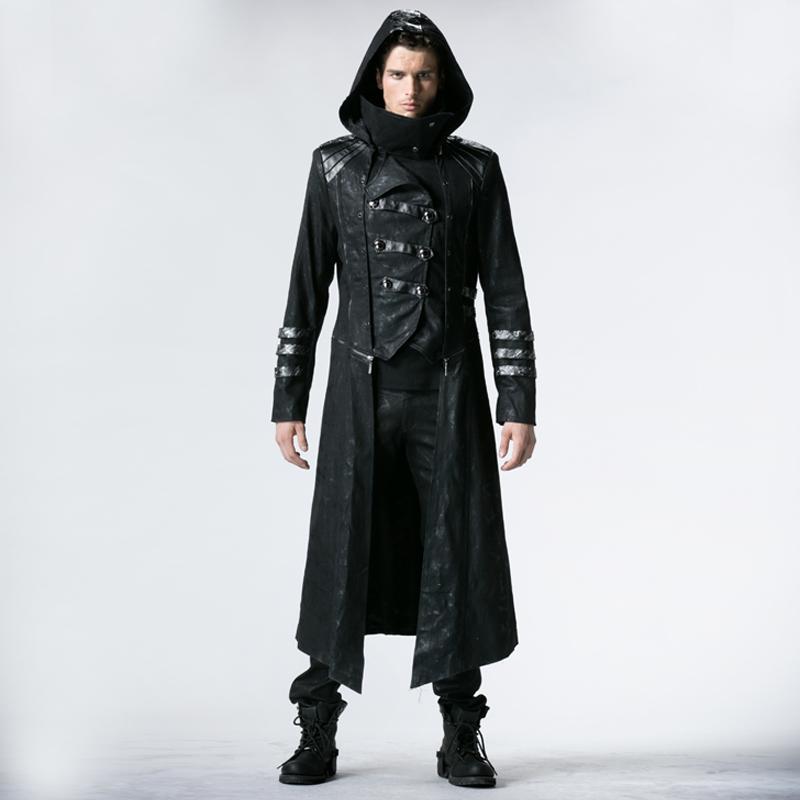 Men's Gothic Black Stretch Twill Fabric Chef Faux Leather Coat