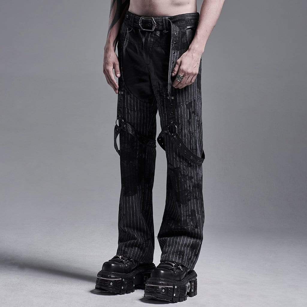 Men's Gothic Faux Leather Splicing Striped Pants With Harness