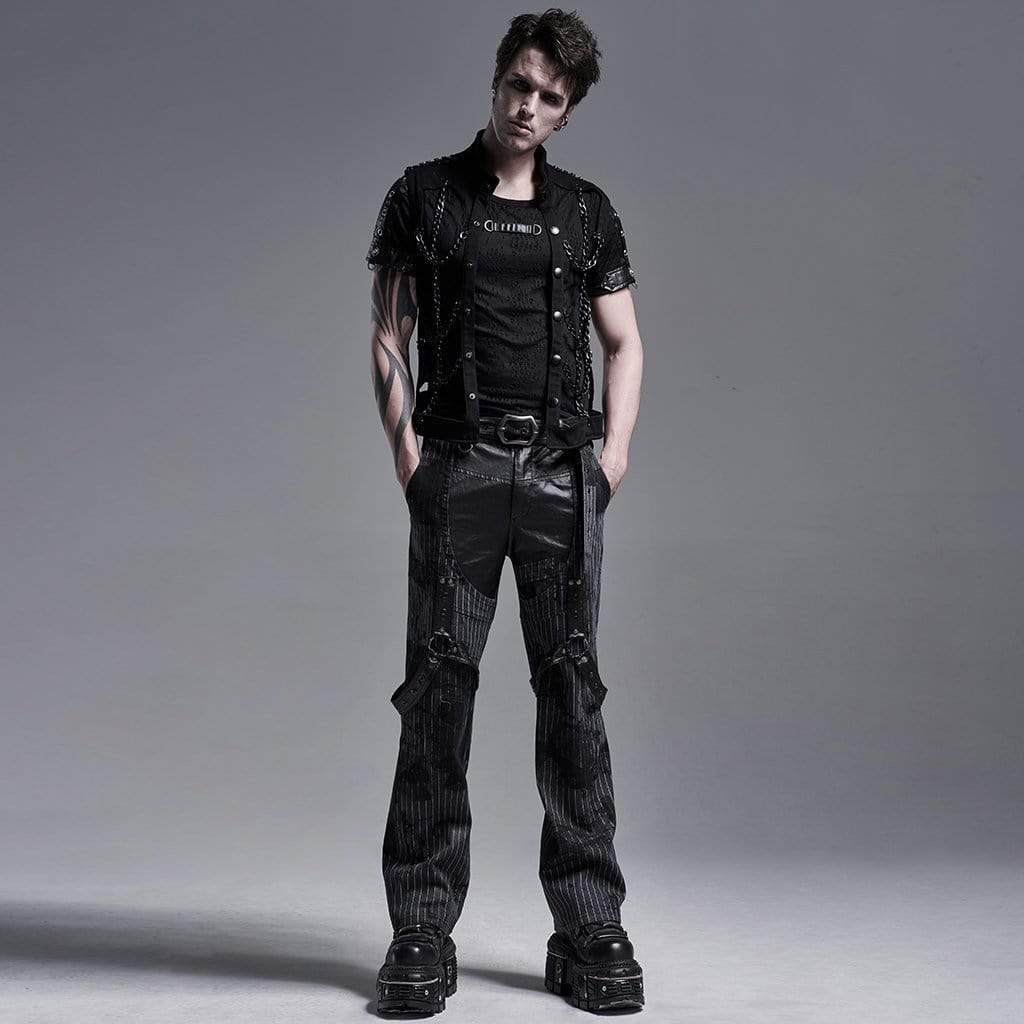 Men's Gothic Faux Leather Splicing Striped Pants With Harness