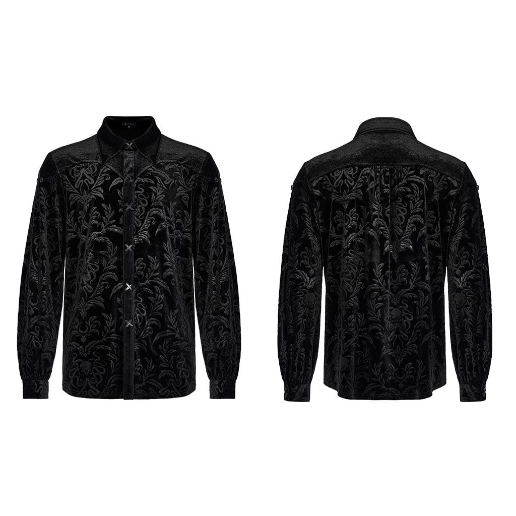 PUNK RAVE Men's Gothic Floral Printed Velvet Shirt