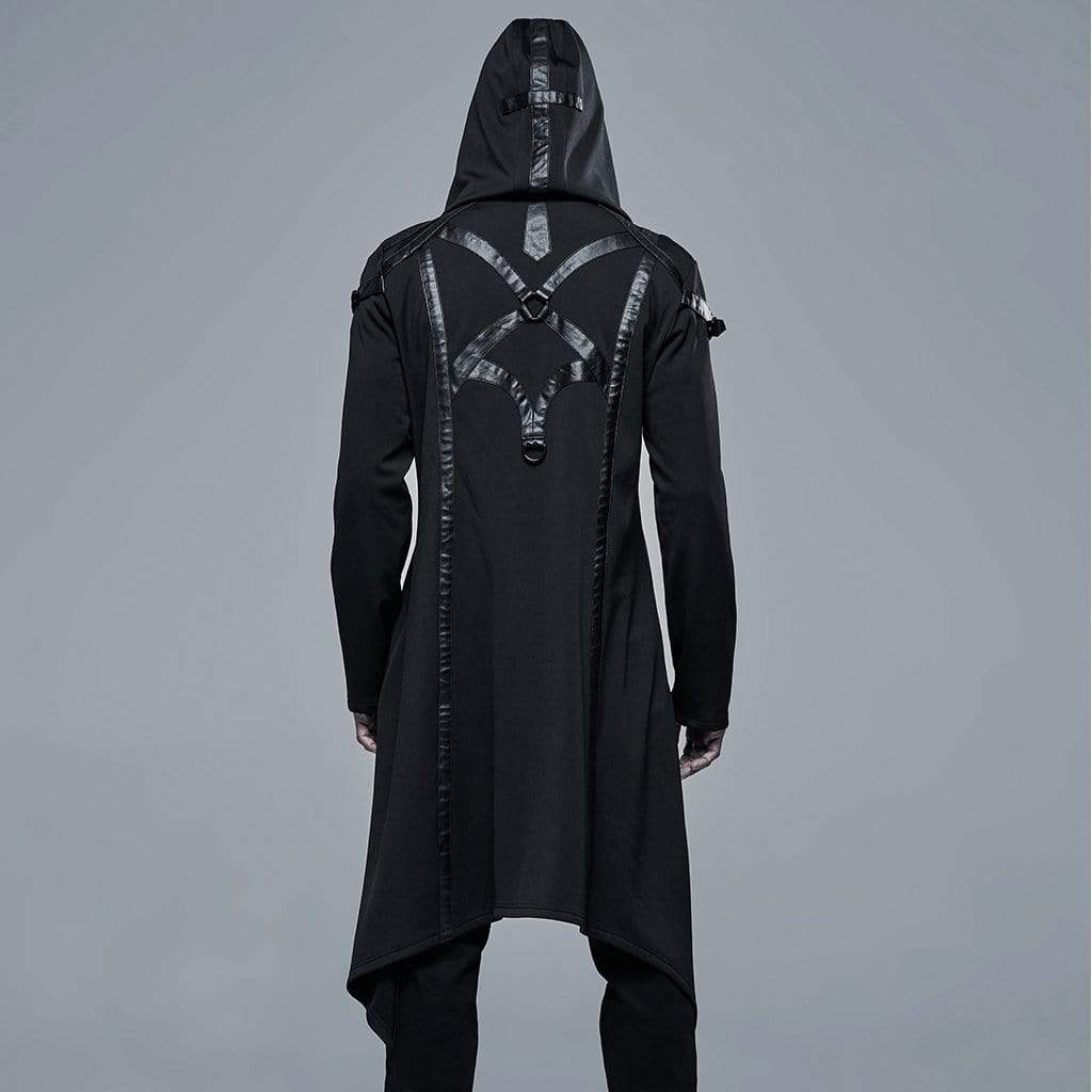 Men's Gothic Front Zip Splice Long Coat with Hood