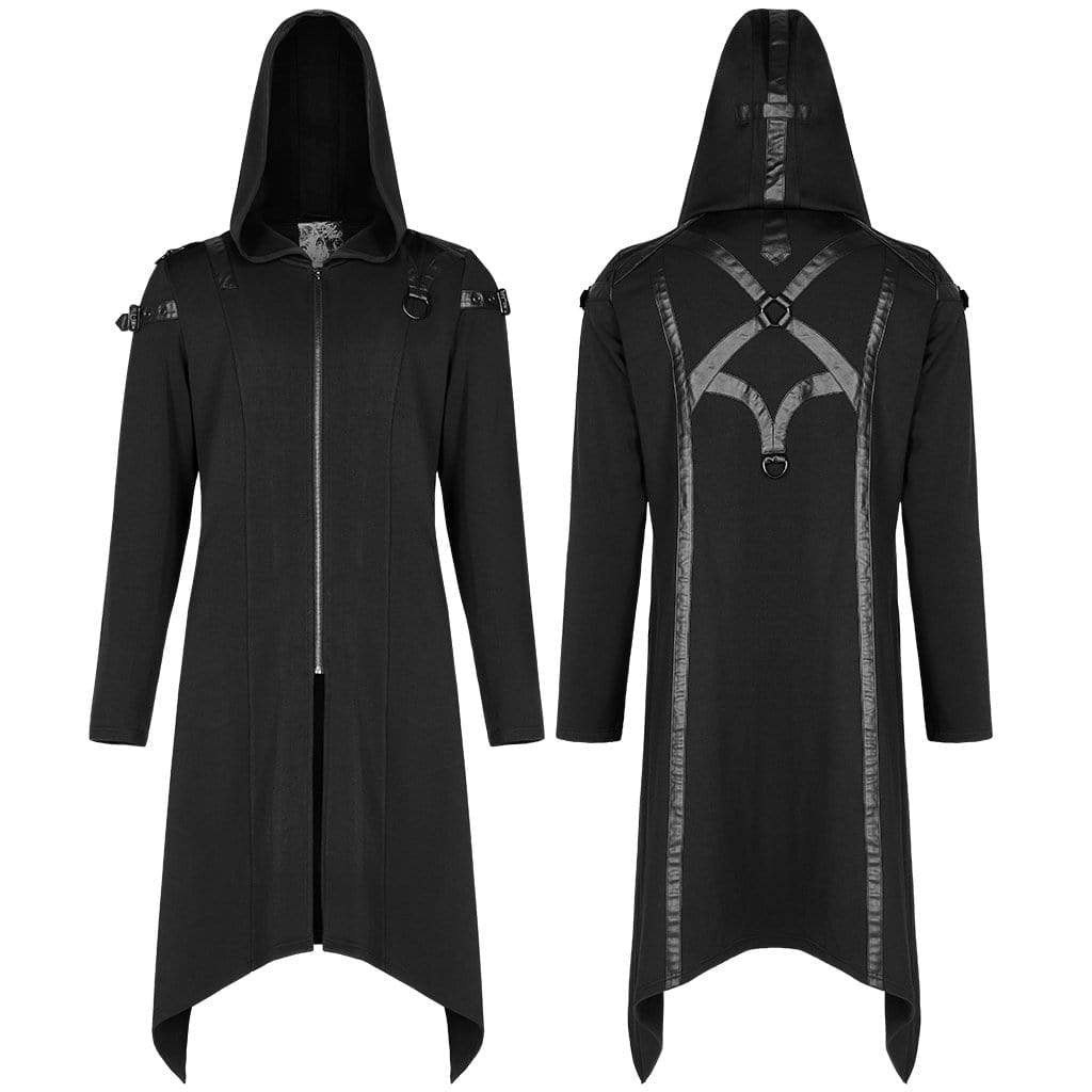 Men's Gothic Front Zip Splice Long Coat with Hood
