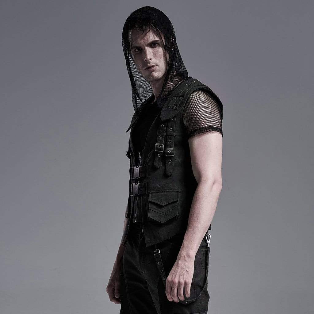 Men's Gothic Front Zip Vests With Pockets And Chains