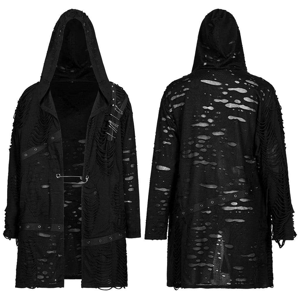 Punk Rave Men's Gothic Ripped Clip Cardigan with Hood