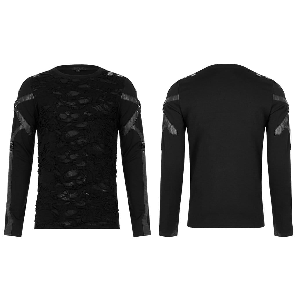 Men's Gothic Ripped Double-layer Splice Black Shirt