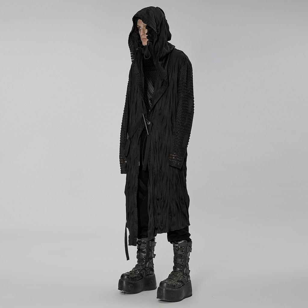 PUNK RAVE Men's Gothic Ripped Long Coat with Drawstring Hood