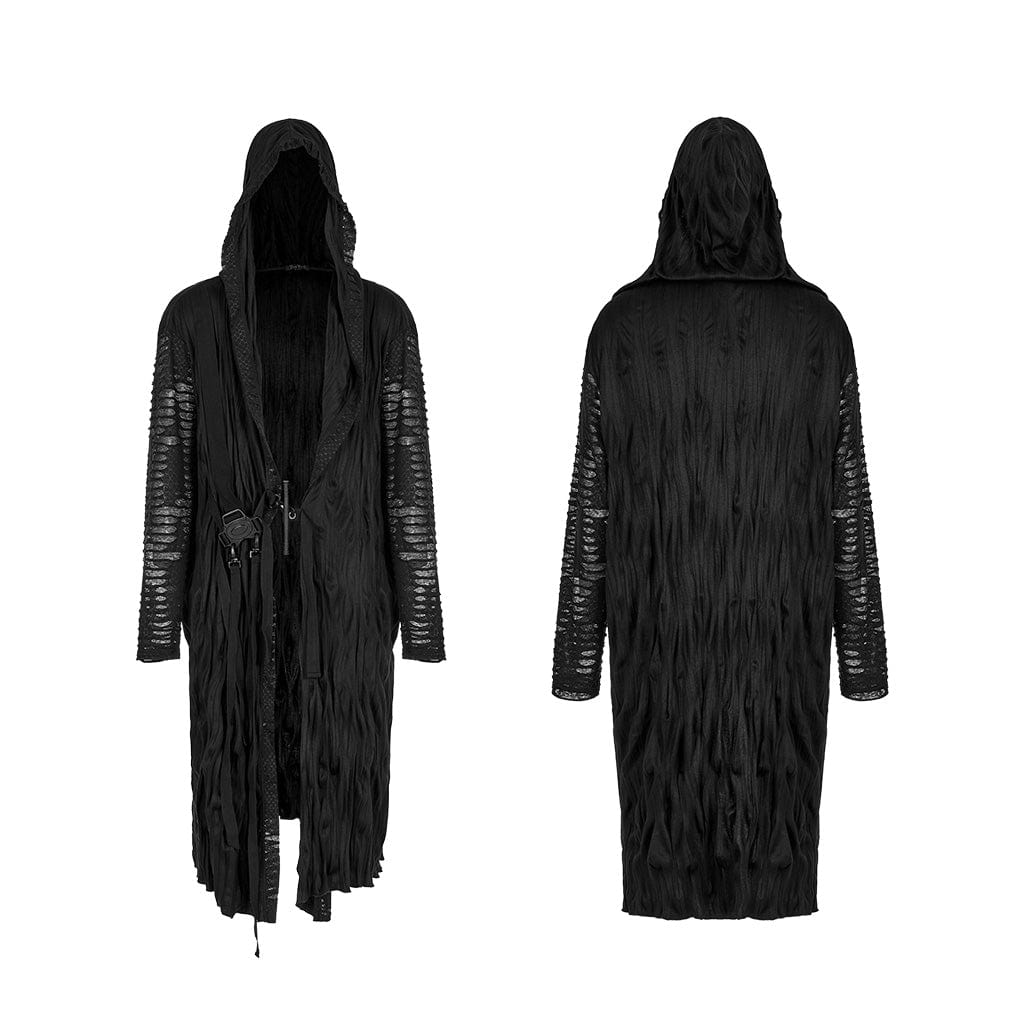 PUNK RAVE Men's Gothic Ripped Long Coat with Drawstring Hood