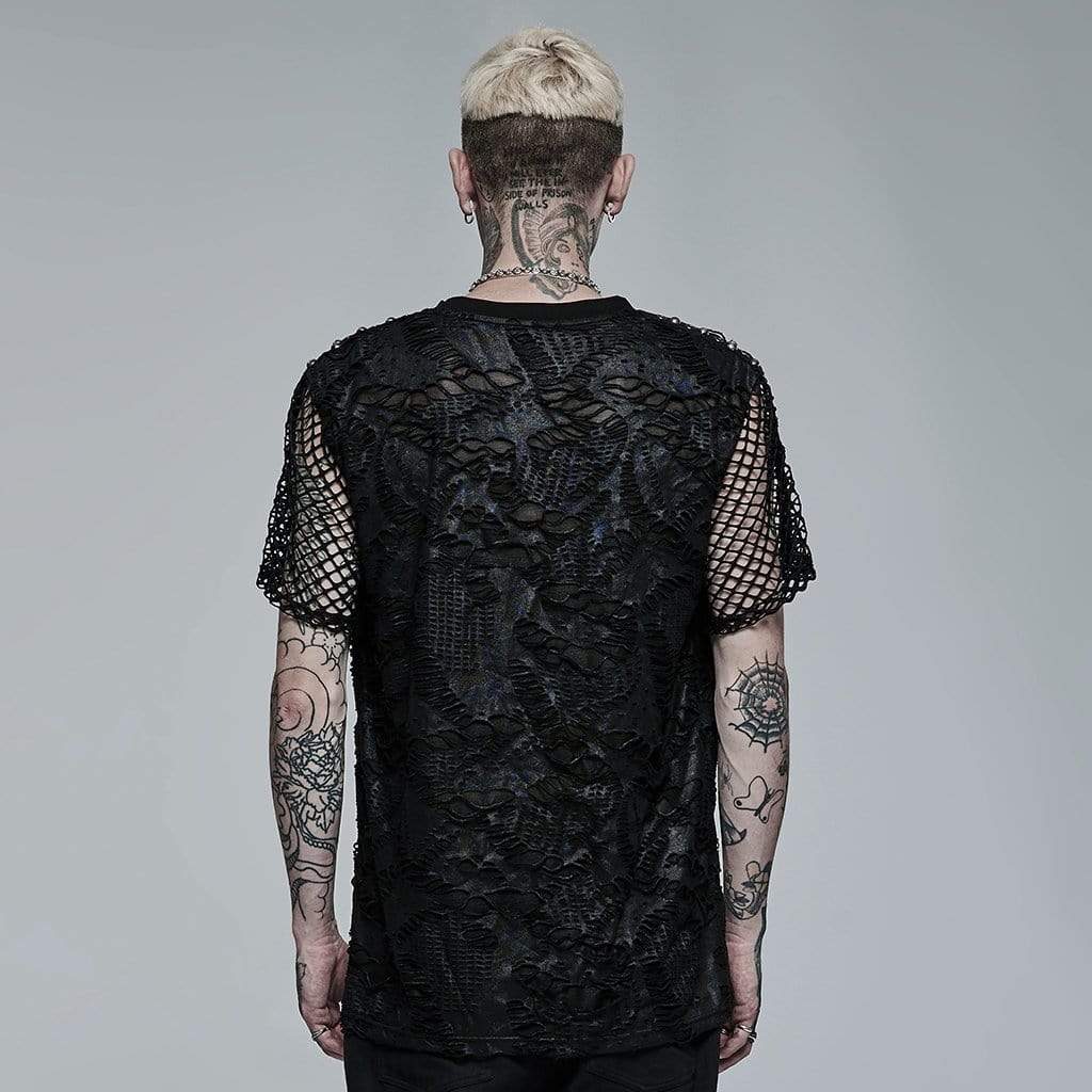 Punk Rave Men's Gothic Ripped Mesh Knitted T-shirt