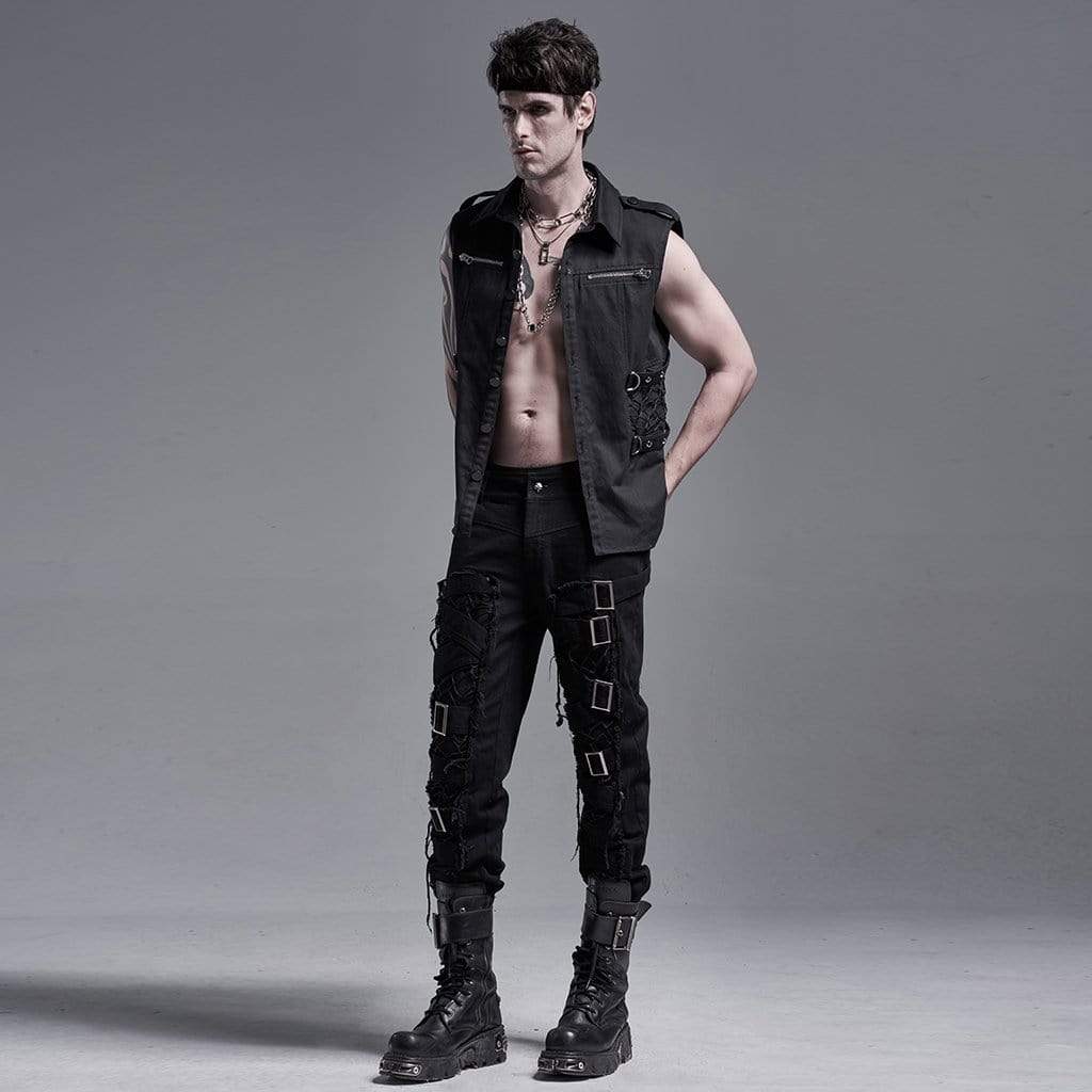 punk rave men s gothic ripped pants with chains 15632149250163