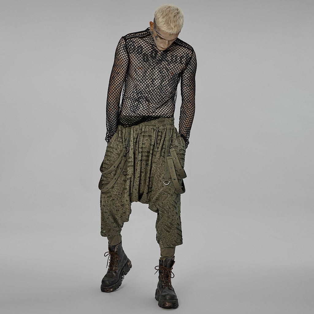 PUNK RAVE Men's Gothic Ripped Sagging Pants with Straps