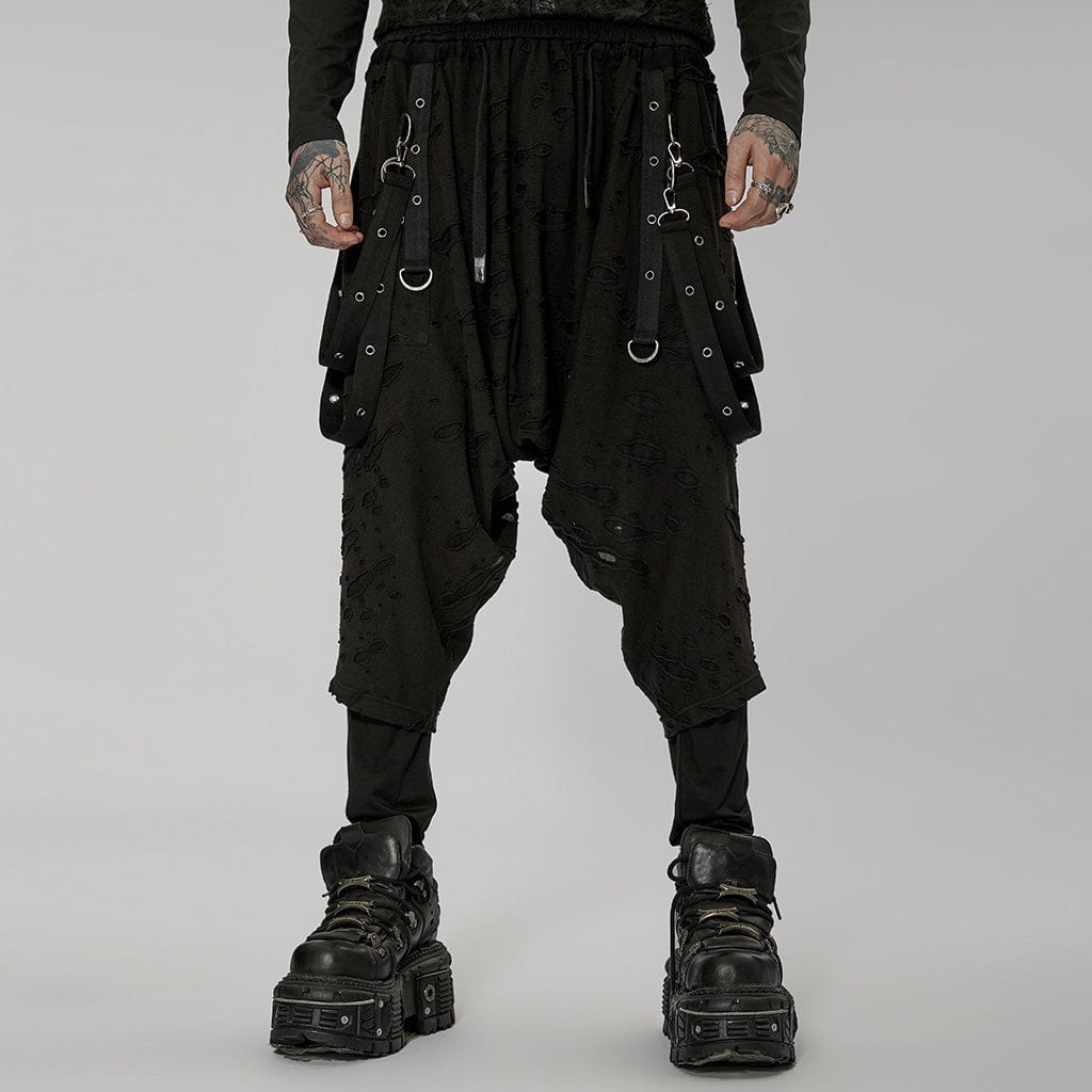 PUNK RAVE Men's Gothic Ripped Sagging Pants with Straps