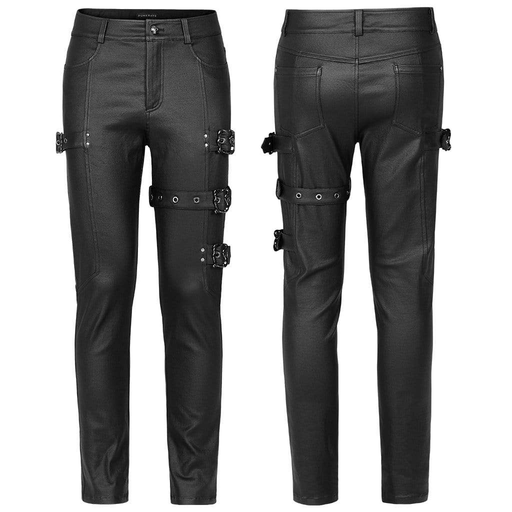 Men's Gothic Slim Fitted Adjustable Buckles Black Pants