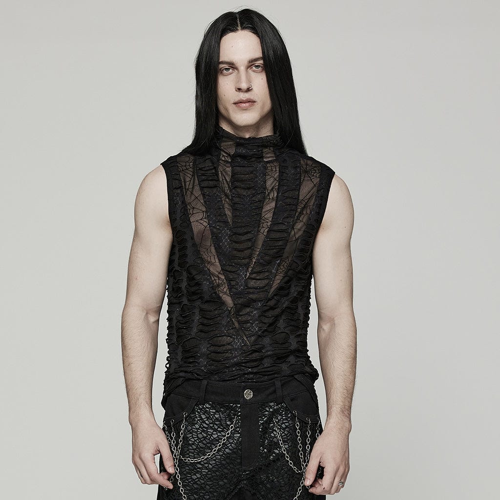 PUNK RAVE Men's Gothic Spider Mesh Ripped Tank Top