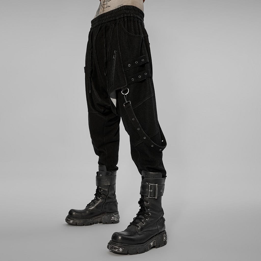 PUNK RAVE Men's Gothic Splice Sagging Pants with Straps