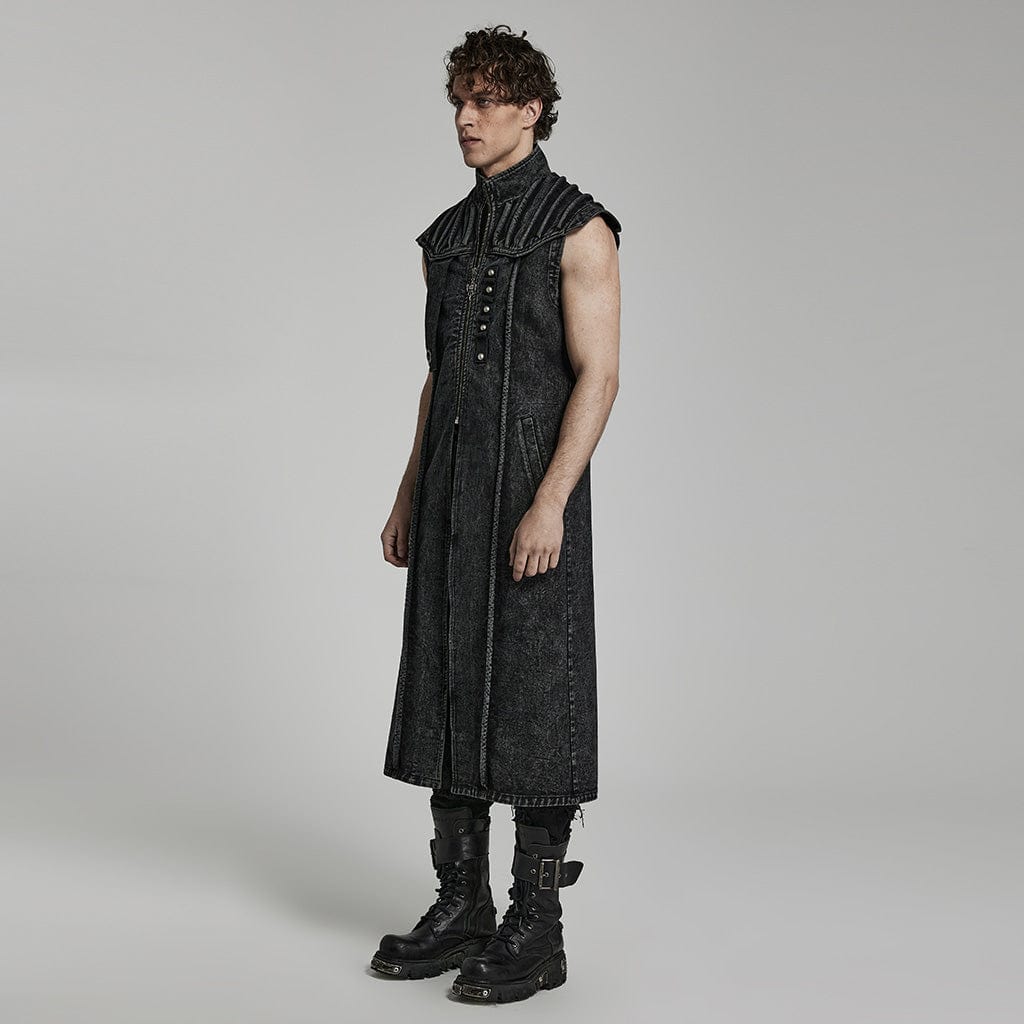 PUNK RAVE Men's Gothic Stand Collar Distressed Long Vest