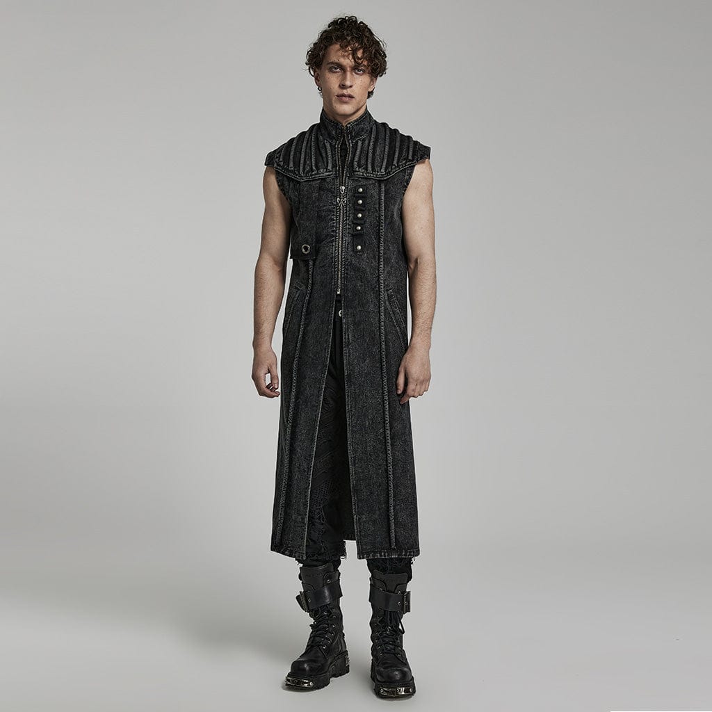 PUNK RAVE Men's Gothic Stand Collar Distressed Long Vest