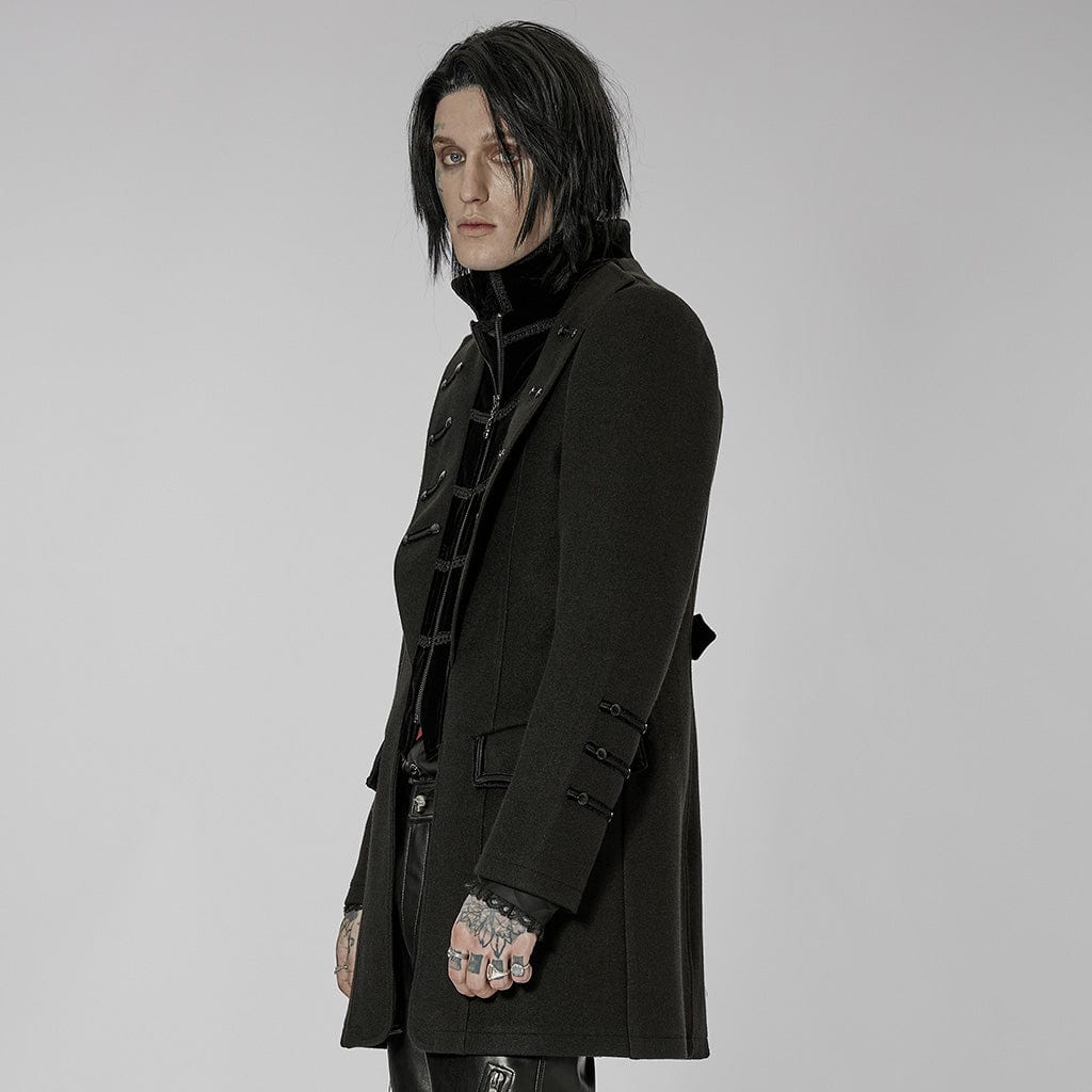 PUNK RAVE Men's Gothic Stand Collar Faux Wool Long Coat