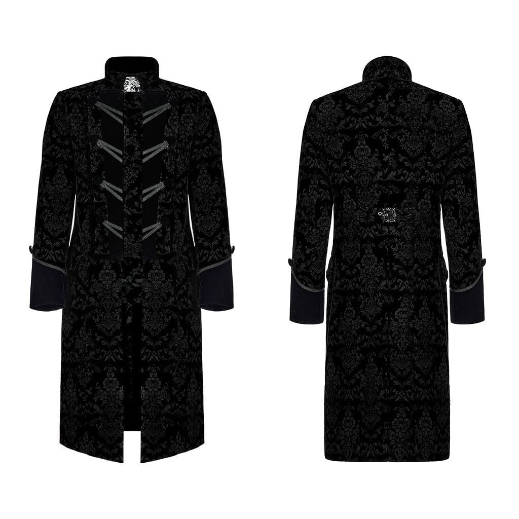 PUNK RAVE Men's Gothic Stand Collar Floral Printed Long Coat