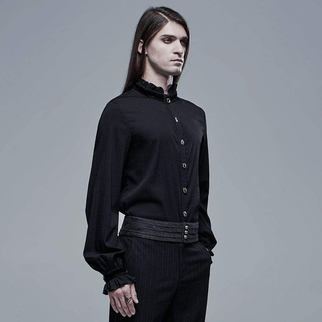 Men's Gothic Stand Collar Puff Sleeved Black Shirt with Necklace