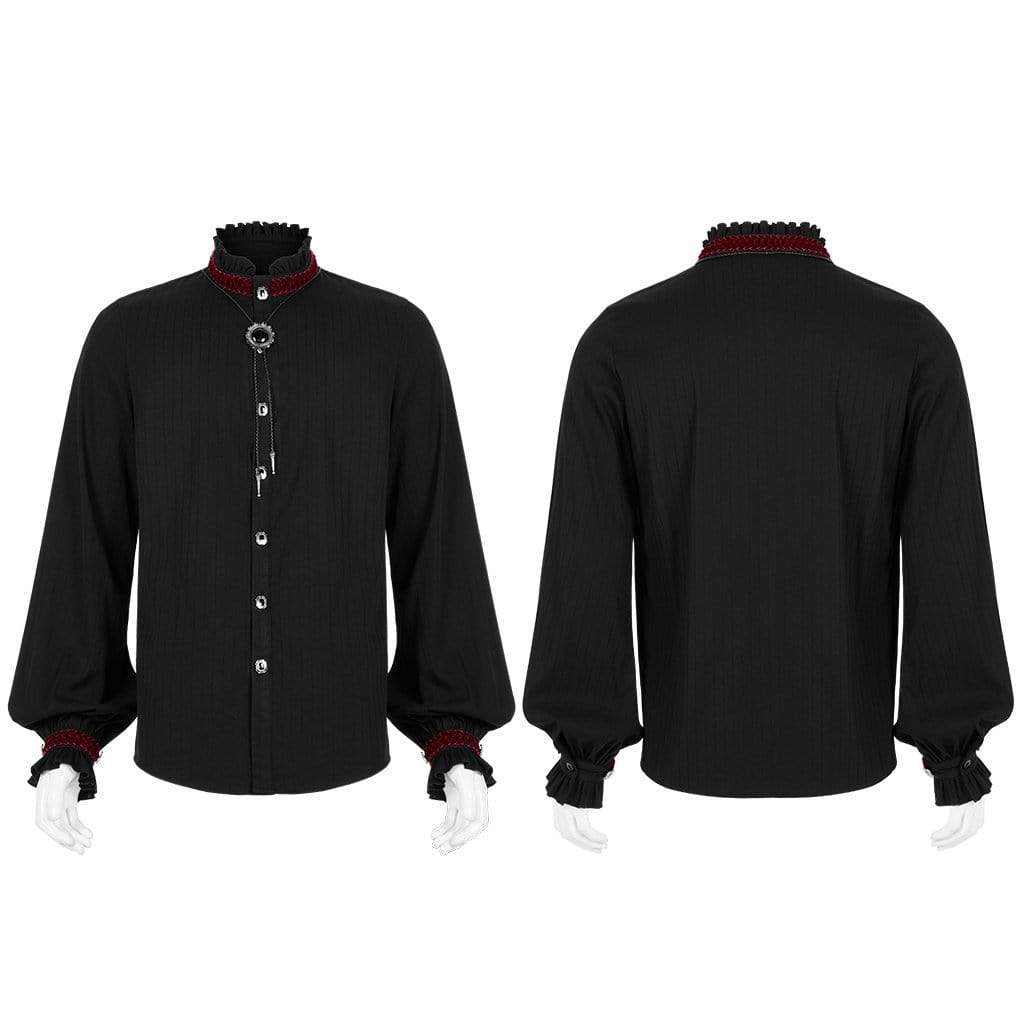 Men's Gothic Stand Collar Puff Sleeved Black Shirt with Necklace