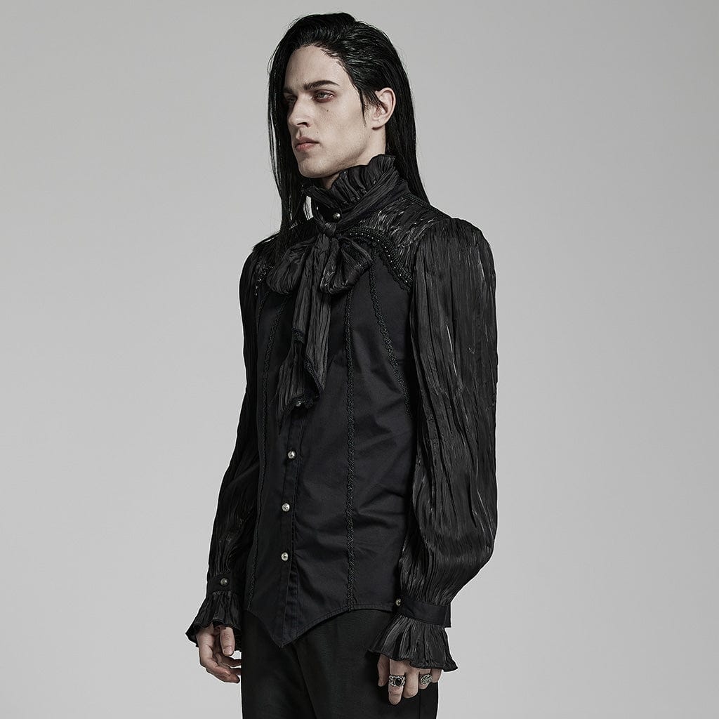 PUNK RAVE Men's Gothic Stand Collar Ruched Shirt with Scarf