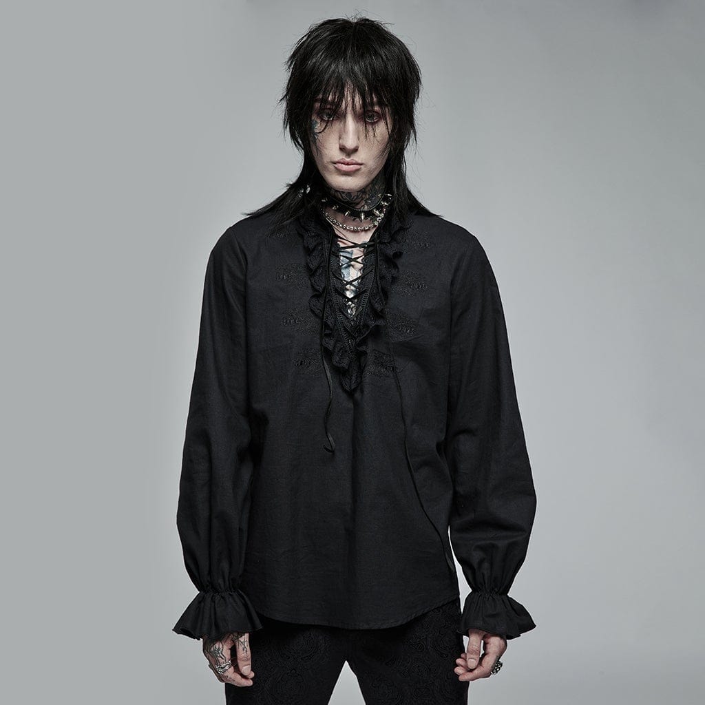Men's Gothic Strappy Stand Collar Ruffled Shirt – Punk Design