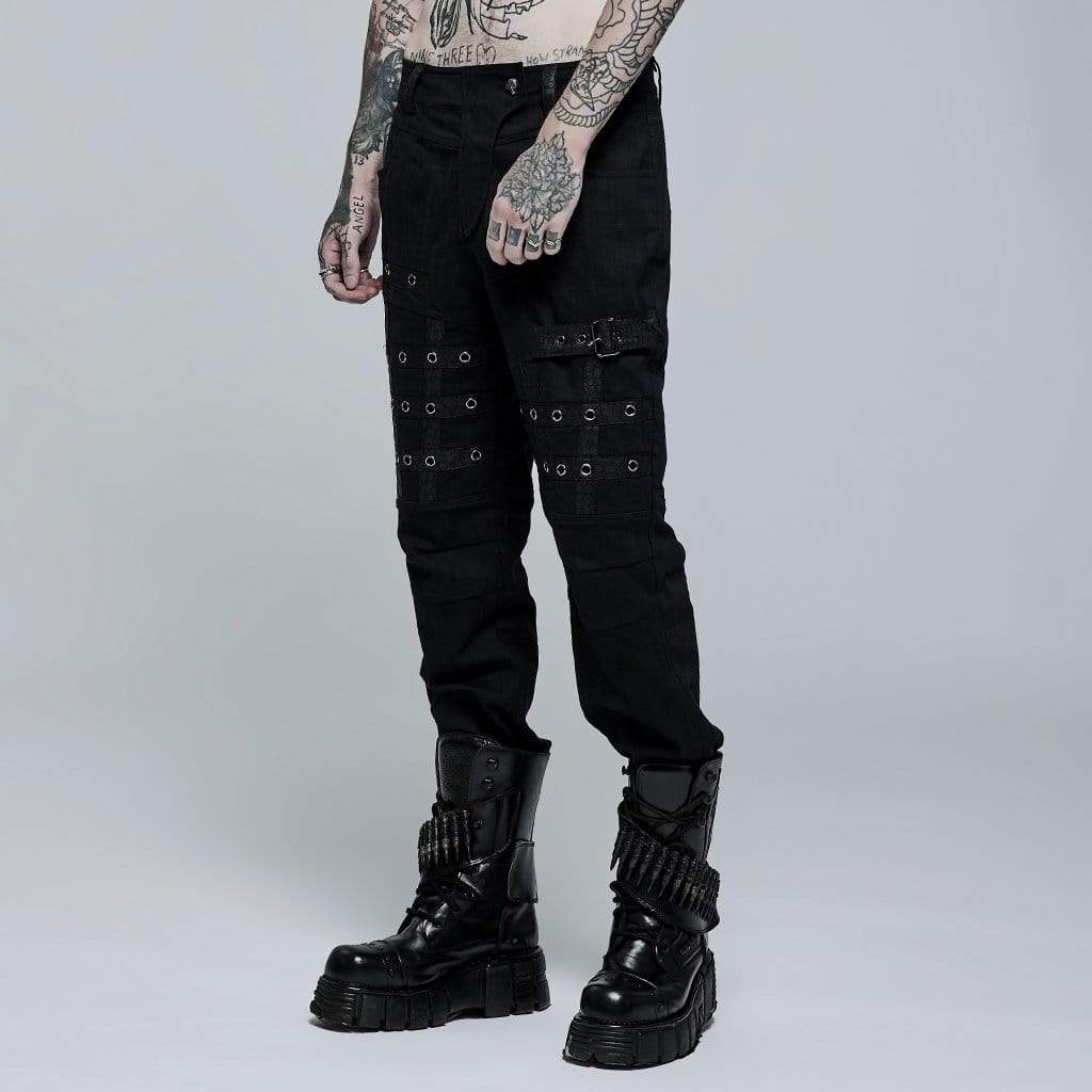 Punk Rave Men's Punk Buckle Splice Woven Pants
