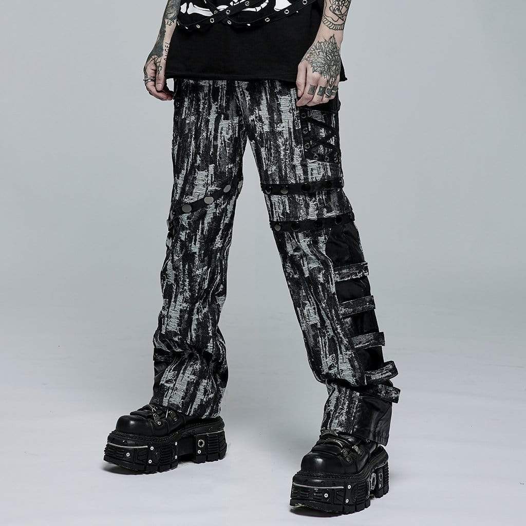 Punk Rave Men's Punk Distressed Splice Straight Pants