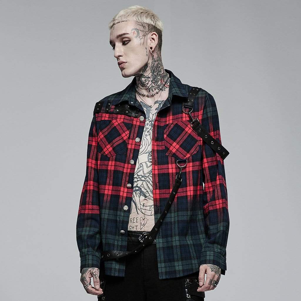 Men's Punk Double Color Splice Plaid Shirt – Punk Design