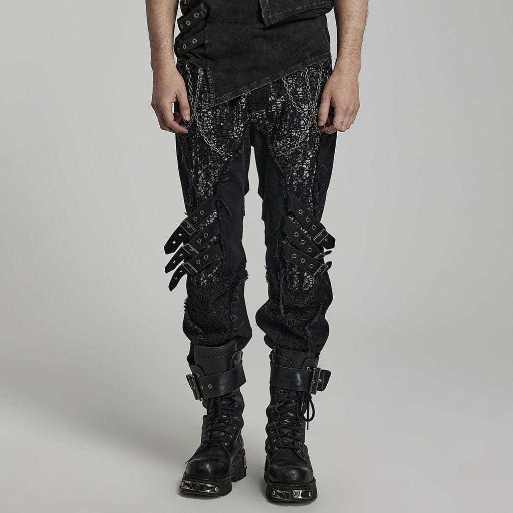 PUNK RAVE Herren Punk Mesh Splice Strap Pants