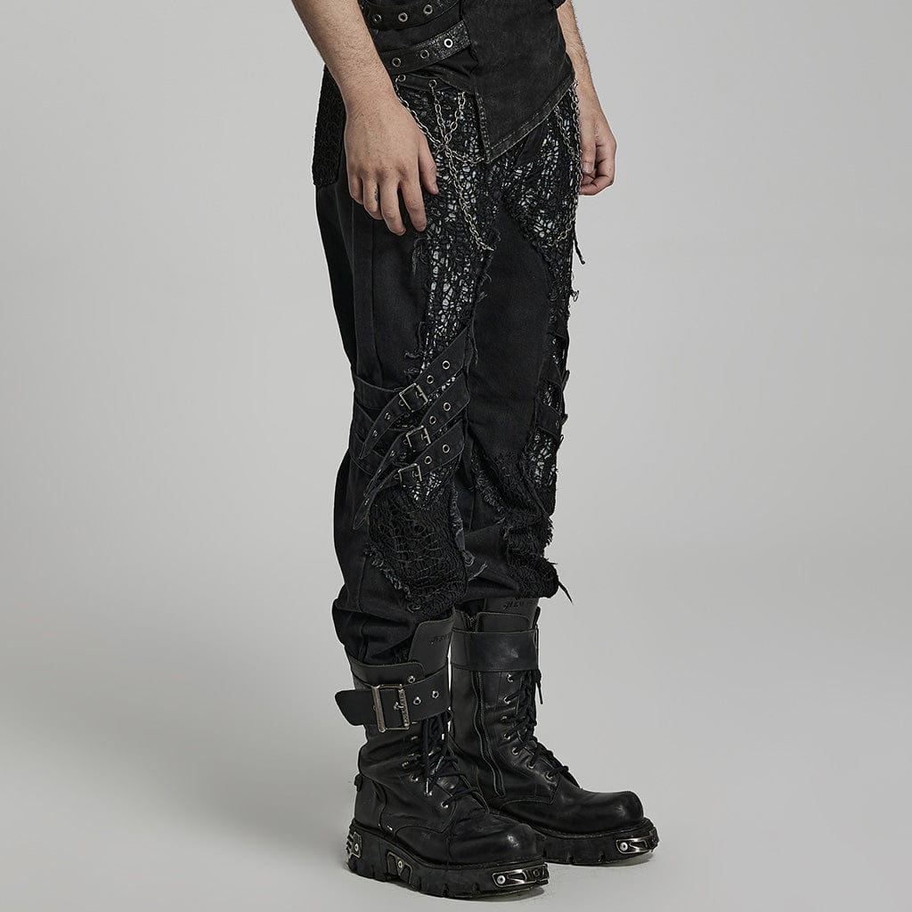 PUNK RAVE Herren Punk Mesh Splice Strap Pants