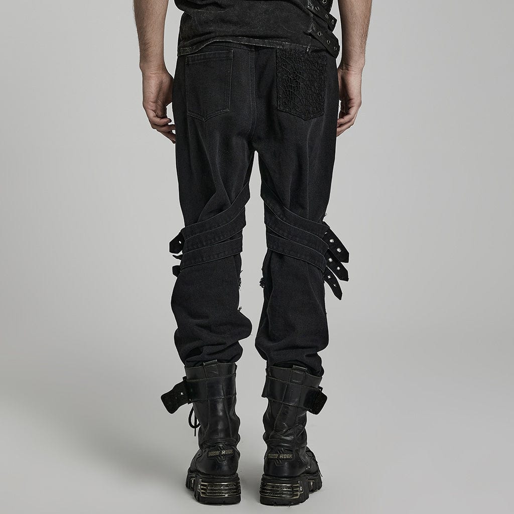 PUNK RAVE Herren Punk Mesh Splice Strap Pants