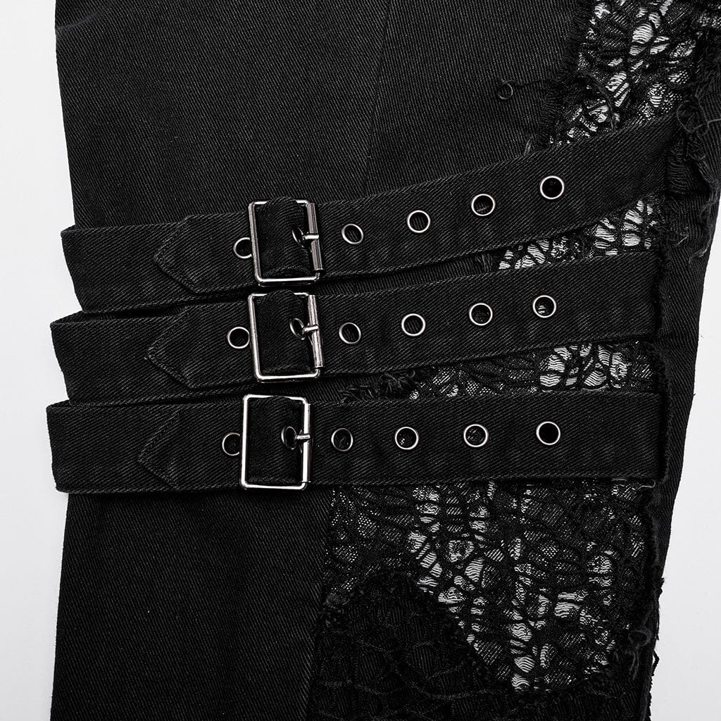 PUNK RAVE Herren Punk Mesh Splice Strap Pants