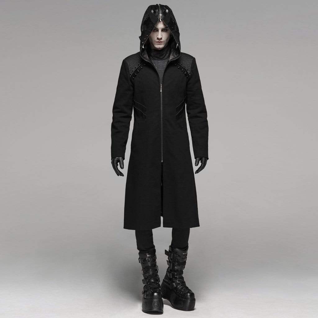 Men's Punk Military Style Rivets Hooded Long Jacket