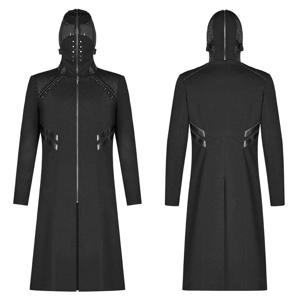 Men's Punk Military Style Rivets Hooded Long Jacket