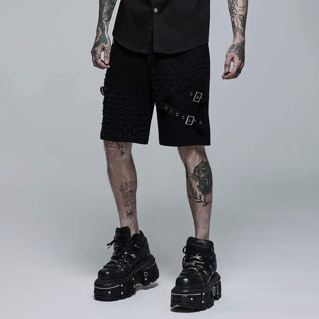 Punk Rave Men's Punk Ripped Buckle Splice Shorts