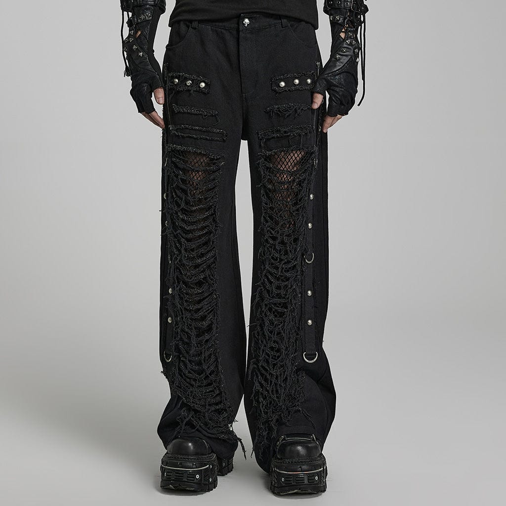 PUNK RAVE Herren Punk Ripped Mesh Splice Straight Pants