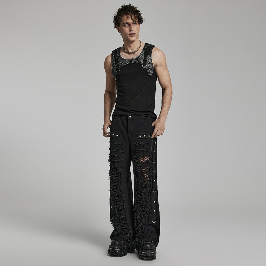 PUNK RAVE Herren Punk Ripped Mesh Splice Straight Pants