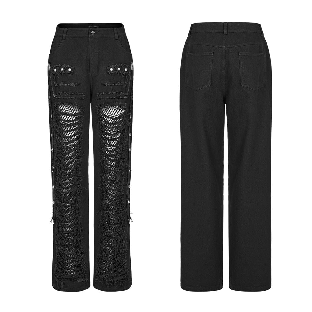 PUNK RAVE Herren Punk Ripped Mesh Splice Straight Pants