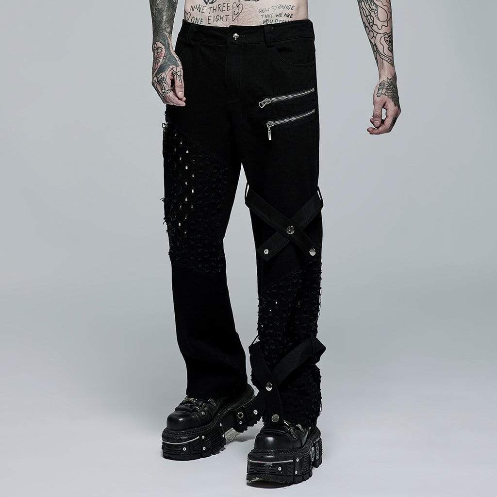Punk Rave Men's Punk Ripped Zipper Straight Pants
