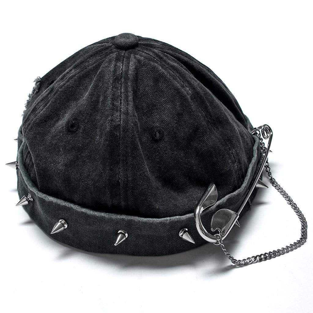 Punk Rave Men's Punk Rivet Denim Hat with Clip Chain