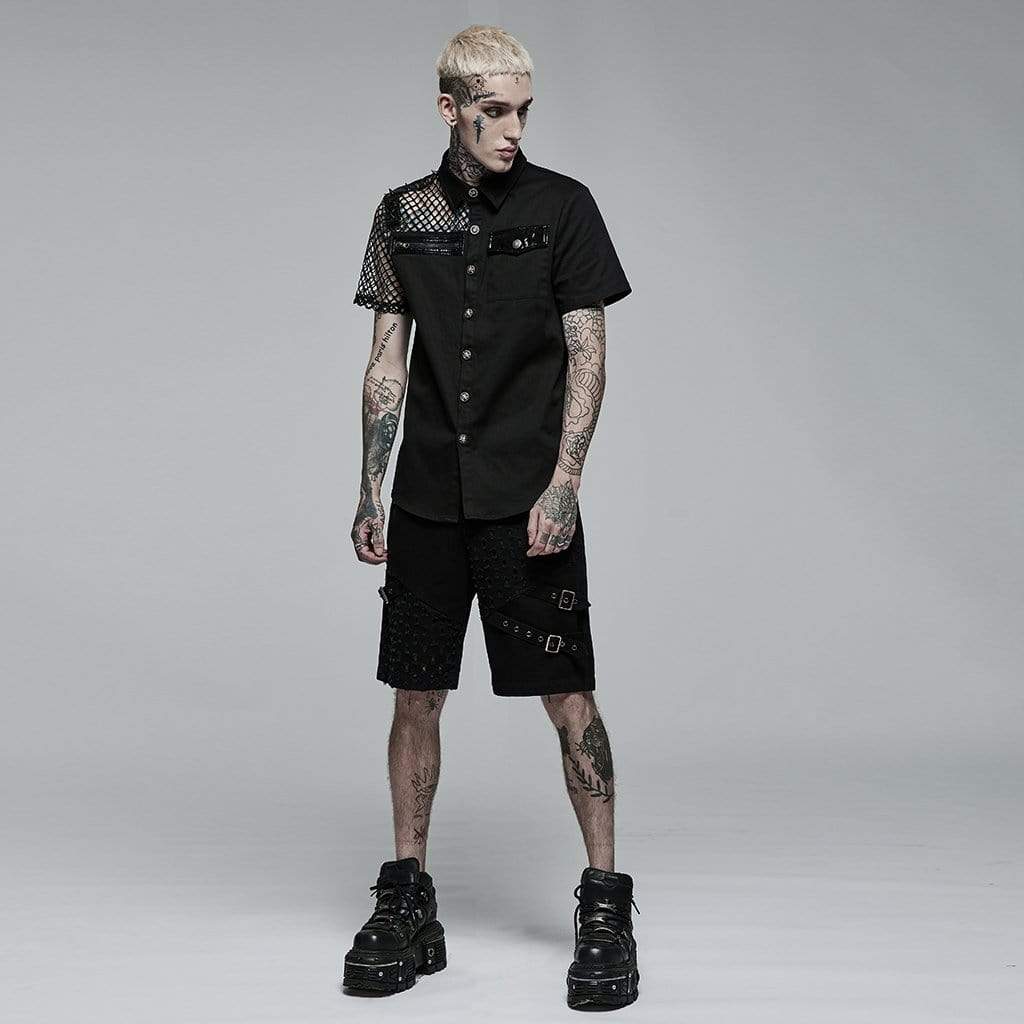 Punk Rave Men's Punk Rivet Splice Mesh Shirt