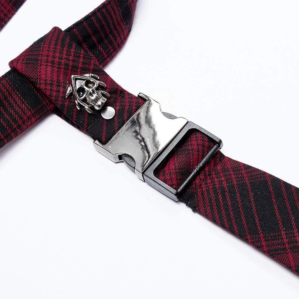 Men's Punk Skull Buckle Red Plaid Necktie