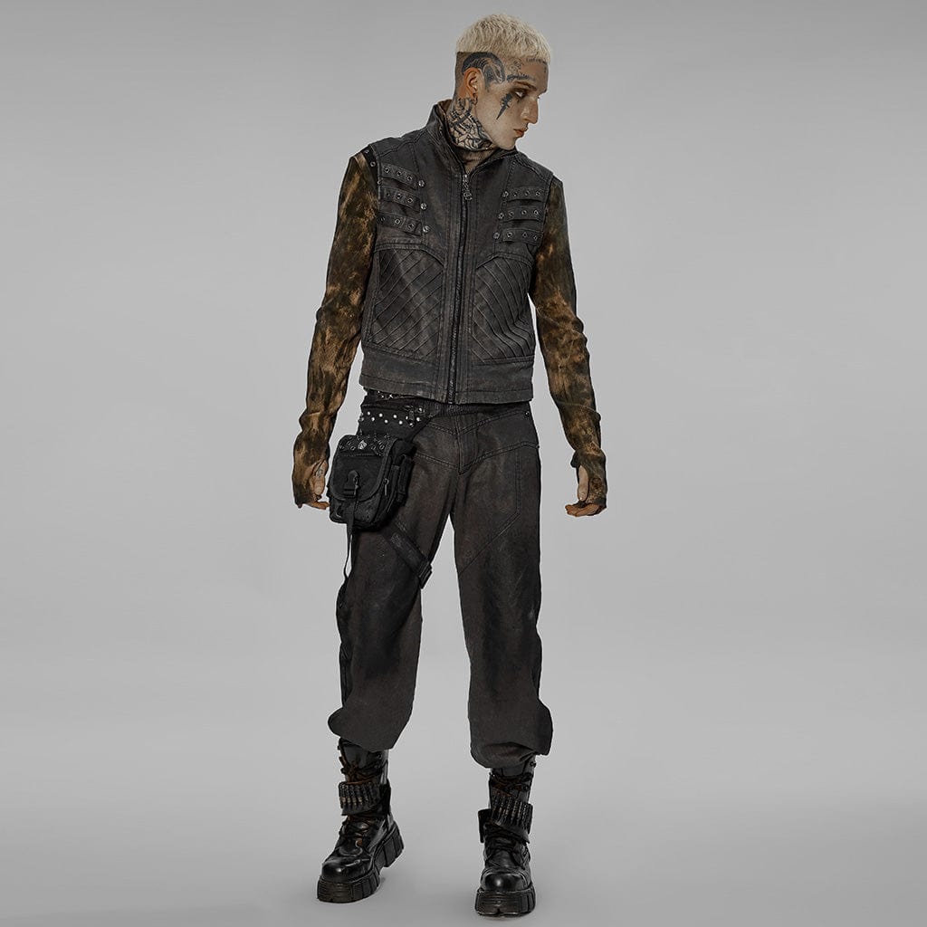 PUNK RAVE Men's Punk Stand Collar Buckle Distressed Vest