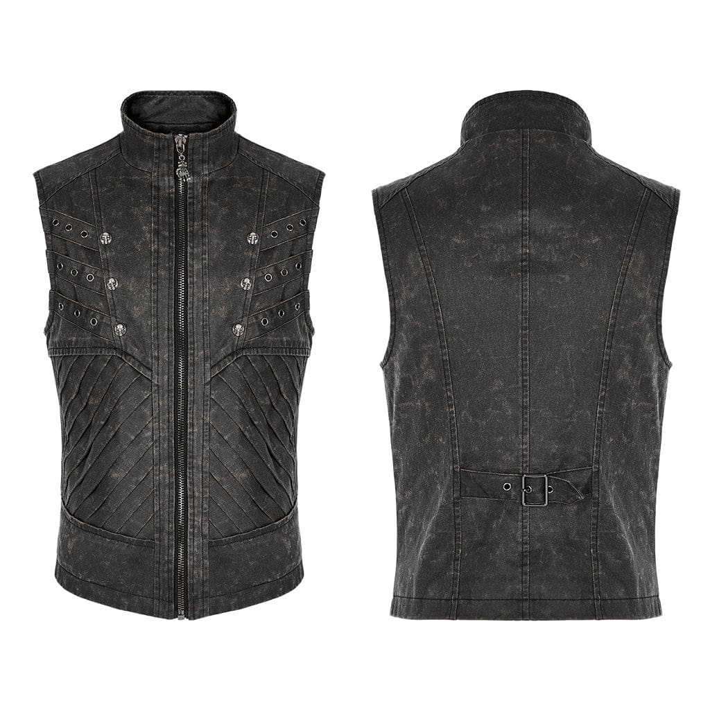PUNK RAVE Men's Punk Stand Collar Buckle Distressed Vest