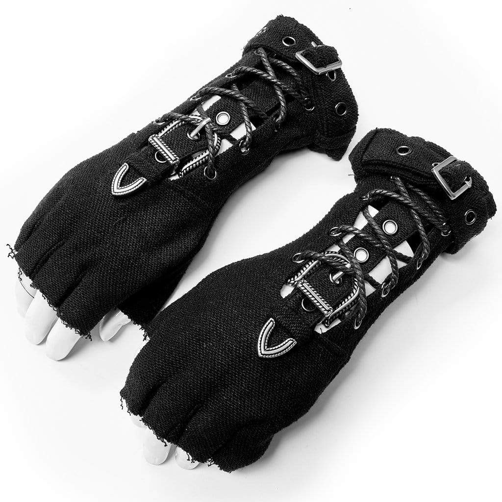 Men's Punk Strappy Cutout Buckles Black Gloves