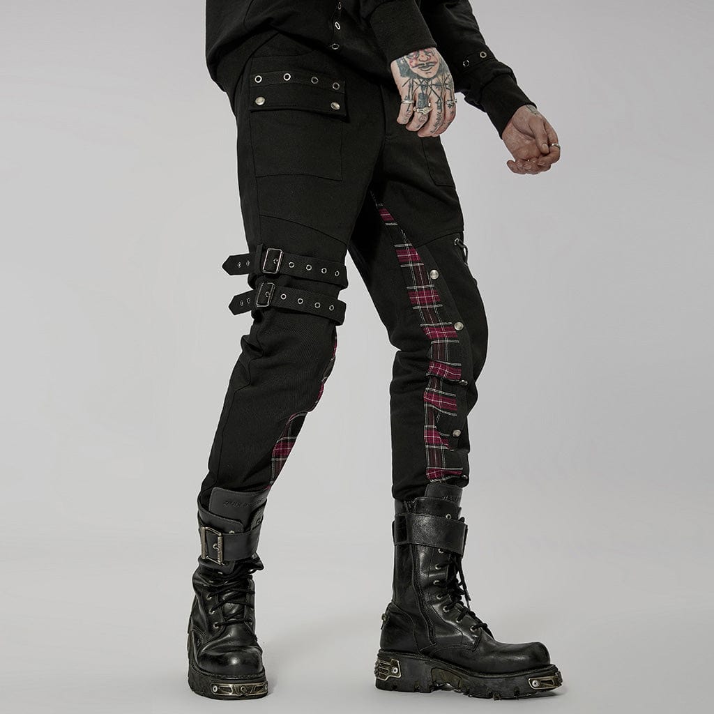 PUNK RAVE Men's Punk Strappy Plaid Splice Pants with Straps