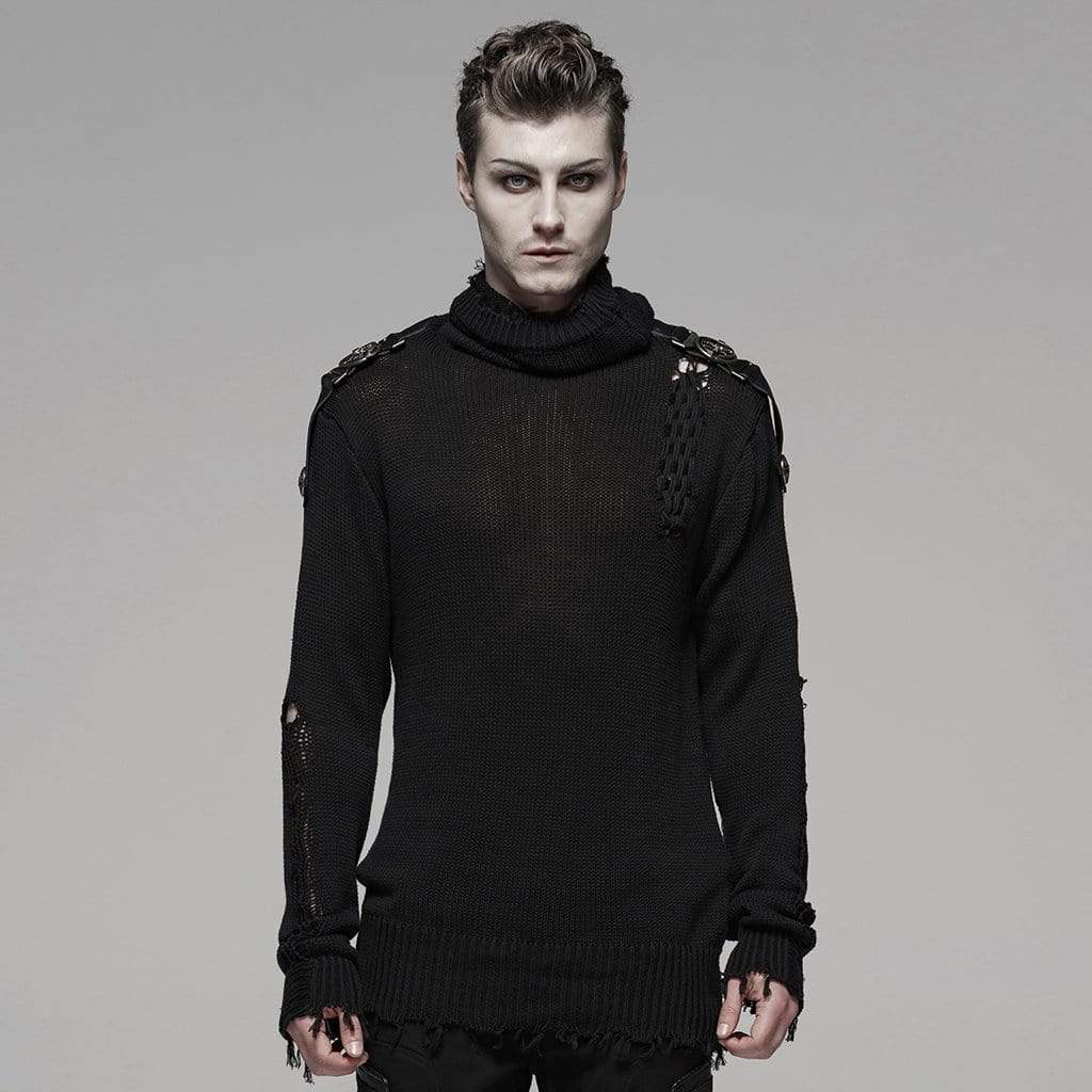 Men's Punk Turtleneck Ripped Sweater Black